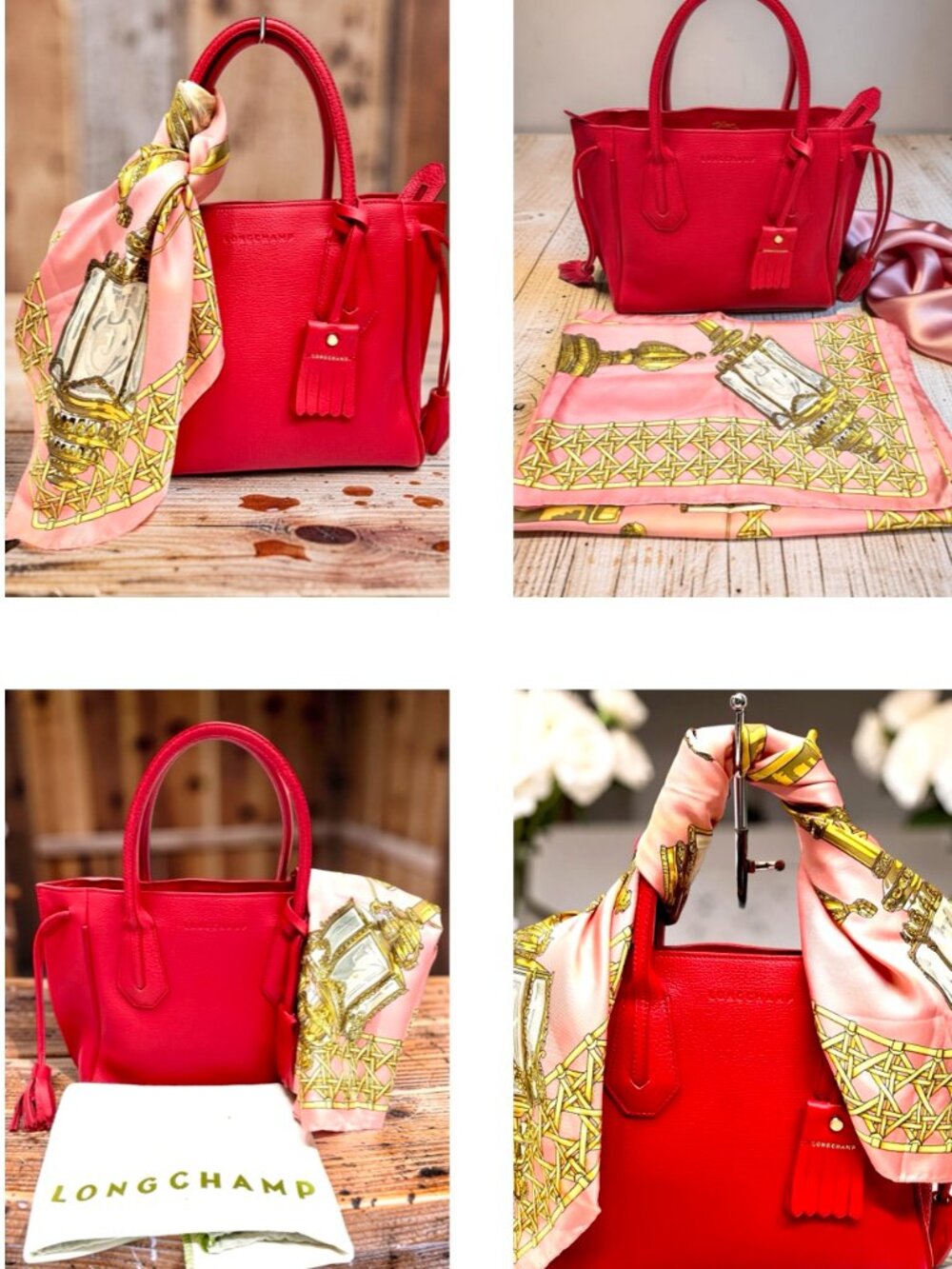 Longchamp Roseau Essential Hobo Bag Rust Bright Red  Shoulder Tote+Silk Scarf (6